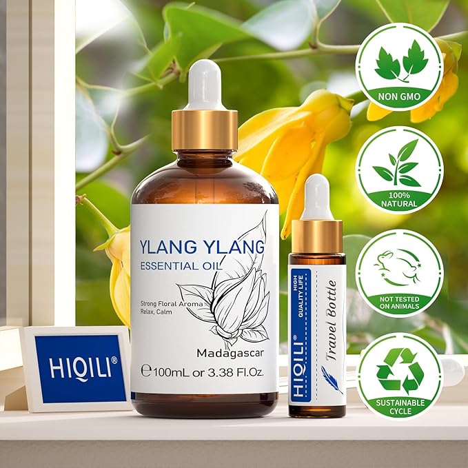 HIQILI Ylang-Ylang Essential Oil, Long-Lasting Scent for Diffuser, Perfumes, Aromatherapy, DIY - 3.38 Fl Oz - Bloomnest