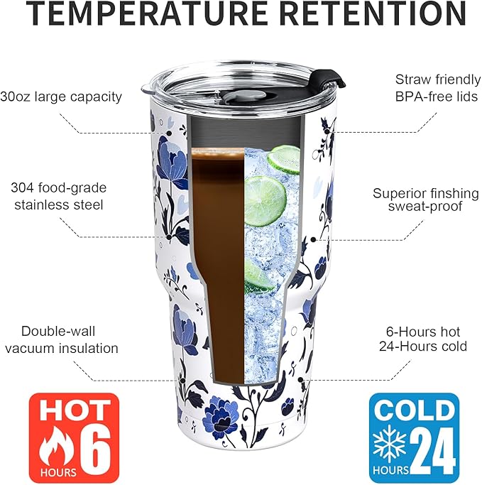 30 oz Tumbler with Lids and Straws Double Wall Insulated Tumbler Cup,Stainless Steel Vacuum Tumbler Powder Coated Travel coffee Mug for Cold and Hot Drinks,Blue and White Porcelain - Bloomnest