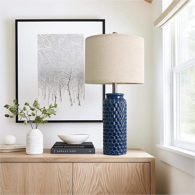 24 inches Modern Ceramic Dark Blue Bedside Lamp Set of 2 for Bedroom Decor Farmhouse Table Lamp for Living Room Office Dorm - Bloomnest