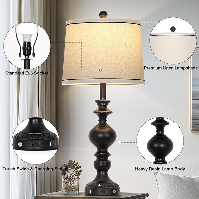28" Black Farmhouse Table Lamps Set of 2, Rustic Lamp for Living Room with USB C+A Ports & AC Outlet, 3 Way Touch Control Resin Bedside Lamps, Retro Bedroom Lamp for Nightstand Side End Table Desk - Bloomnest