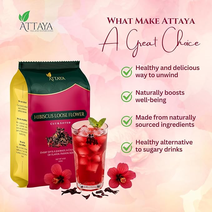 Attaya Natural Hibiscus Loose Flowers, Cut & Sifted 4oz | 100% Pure, Dried, Caffeine-Free | Antioxidant-Rich for Wellness & Relaxation. - Bloomnest