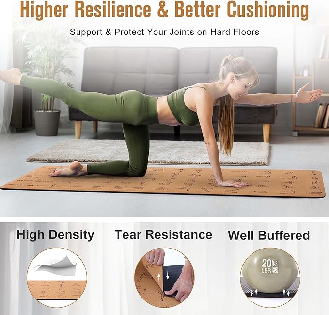 Premium Cork Yoga Mat 1/4 & 2/5 Inch Thick 72 x 26 in, Thick Cork and TPE Non Slip Yoga Mats for Women Men, Sweat Proof Eco-friendly, Great for Hot Yoga & Workouts - Bloomnest