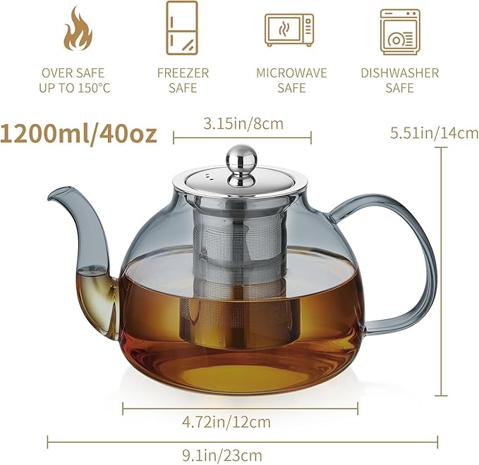 40OZ (1200ML) Glass Teapot with Infuser Stovetop Safe, Clear Glass Tea Pot Kettle, Borosilicate Tea Pot with Infusers Filter for Loose Tea, Tea Kettle Dishwasher Safe (Black) - Bloomnest
