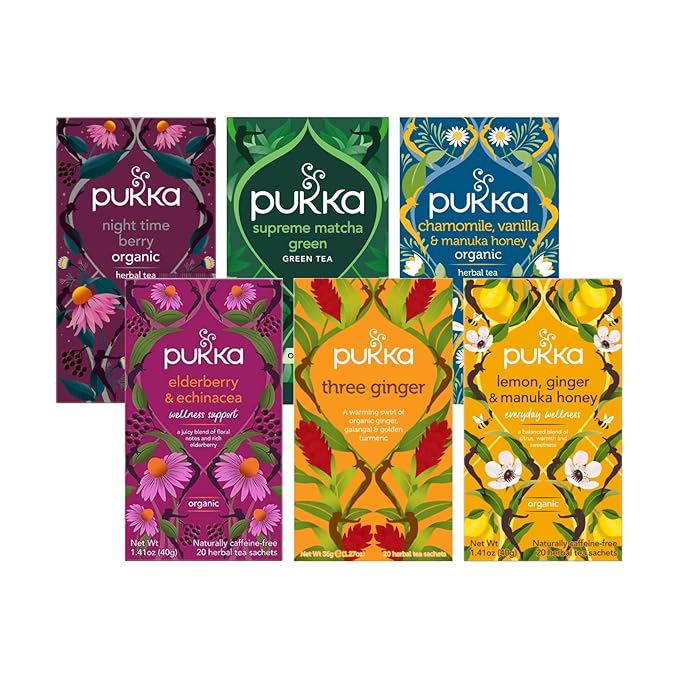 Pukka Tea Bags, Organic (Night Time Berry, Lemon Ginger and Manuka Honey, Three Ginger, Elderberry and Echinacea, Supreme Matcha Green & Chamomile Vanilla and Manuka Honey) (1ea / 20ct) (Variety Pack) - Bloomnest
