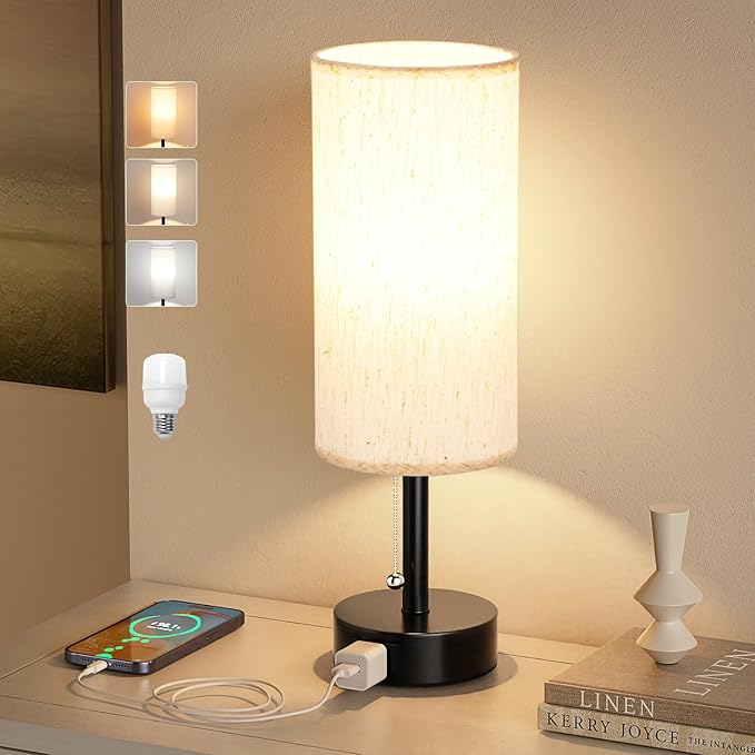 Fenmzee Bedside Table Lamp for Nightstand - 3 Color Temperatures Pull Chain Lamp with AC Outlet Charging Port, Round Night Stand Light for Bedroom Living Room, Small Bed Side Light with E26 LED Bulb - Bloomnest
