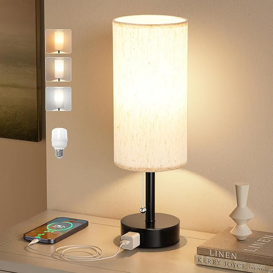 Fenmzee Bedside Table Lamp for Nightstand - 3 Color Temperatures Pull Chain Lamp with AC Outlet Charging Port, Round Night Stand Light for Bedroom Living Room, Small Bed Side Light with E26 LED Bulb - Bloomnest