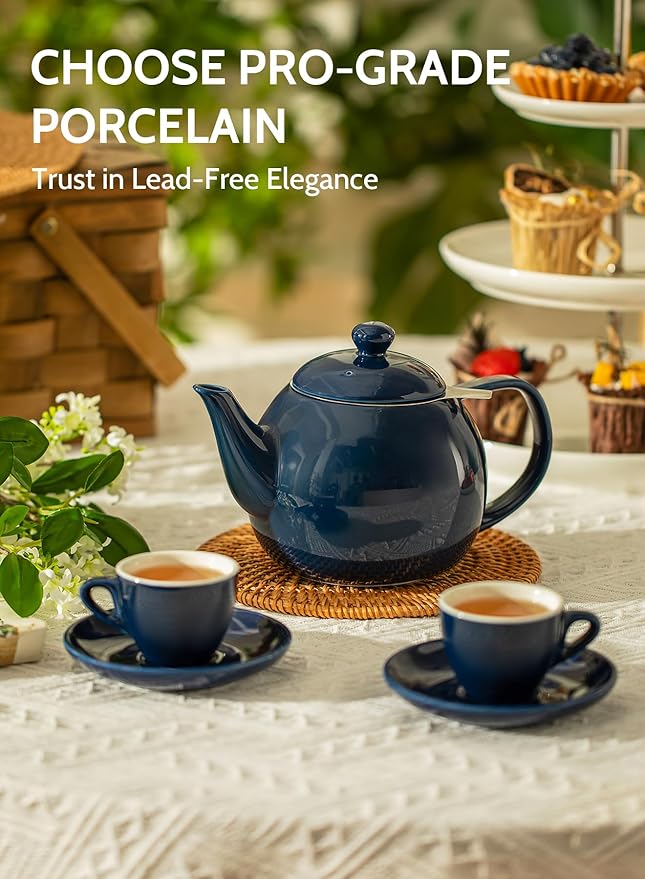 Sweese Teapot, Porcelain Tea Pot with Stainless Steel Infuser, Blooming & Loose Leaf Teapot - 27ounce, Navy - Bloomnest