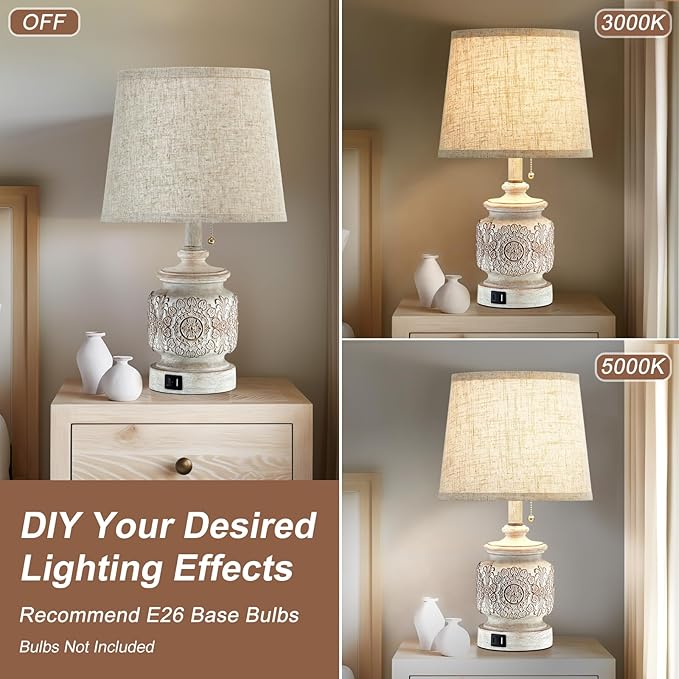 19.5" Farmhouse Vintage Table Lamps for Living Room Set of 2 Traditional Rustic Bedside Lamps for Bedrooms Nightstand with USB Ports Carved Floral Night Light Lamp for Office Decor,Pull Chain - Bloomnest