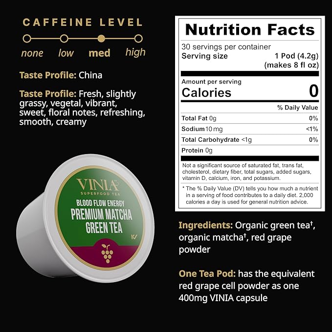 VINIA Premium Matcha + Green Tea K-Cup Pods, Made with Organic Tea, Infused with Piceid Resveratrol for Heart Health, Nitric Oxide, Physical Energy, Alertness, Blood Flow, Keto, Kosher, NON-GMO. 30 Ct - Bloomnest