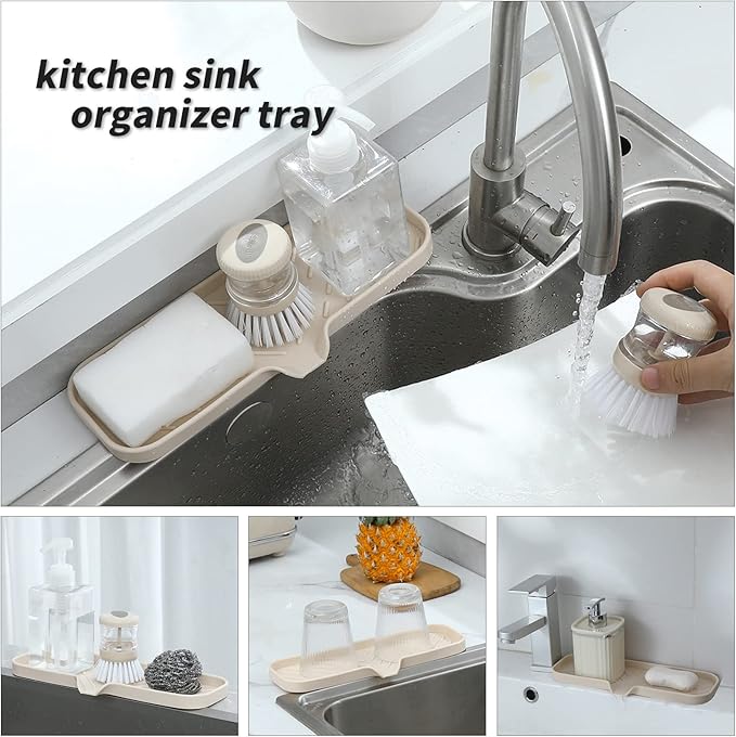Silicone Bathroom Soap Dishes with Drain Spout-Bathroom and Kitchen Sink Organizer,Sponge Holder,Dish Soap Tray,Perfect for Dispenser,Scrubber,Bottle,Cup on Sink or Counter-Tapioca 12"×4" - Bloomnest