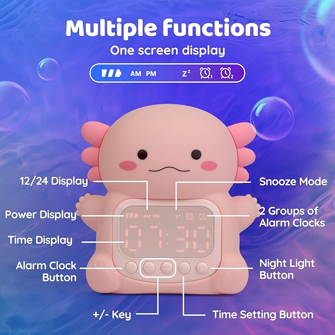 Axolotl Alarm Clock with Night Light for Kids, Rechargeable Silicone Lamp Time to Wake Clock，Cute Animal Tabletop Lamp, Perfect Sleep Companion for Boys Girls - Bloomnest