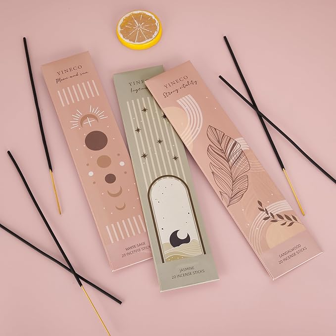 Incense Sticks Set of 60 - Organic Sandalwood, White Sage & Jasmine, Non-Toxic & Slow-Burning for Relaxation, Meditation & Sensory Therapy (Moon and Sun) YINECO