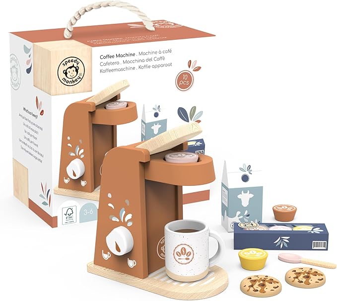 SPEEDY MONKEY Wooden Kids Coffee Machine Playset – FSC Certified Pretend Play Espresso Maker, Barista Role Play Café Set Toy for Toddlers, Boys & Girls, Coffee Grinder with Cups & Kitchen Accessories - Bloomnest
