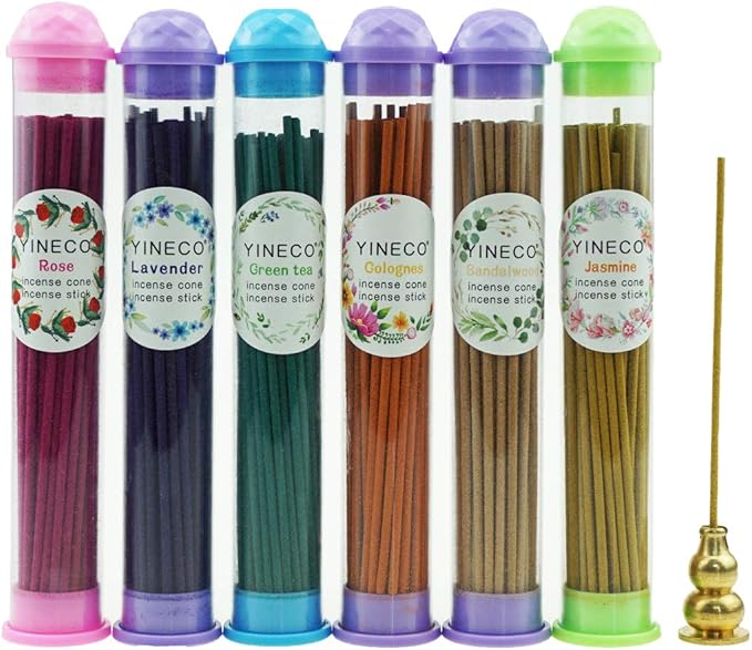 300PCS Incense Sticks Lavender Rose Jasmine Sandalwood Green Tea Colognes 6 Popular Incense Flavors Great for Aromatherapy(Colorful) YINECO