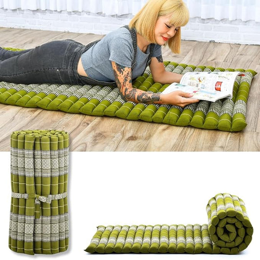 Leewadee - Foldable Floor Mattress - Japanese Roll Up Futon -Trifold Tatami Mat- Guest Floor Bed - Camping Mattress - Thai Massage Mat, Kapok Filled, 75 x 28 inches, Green - Bloomnest