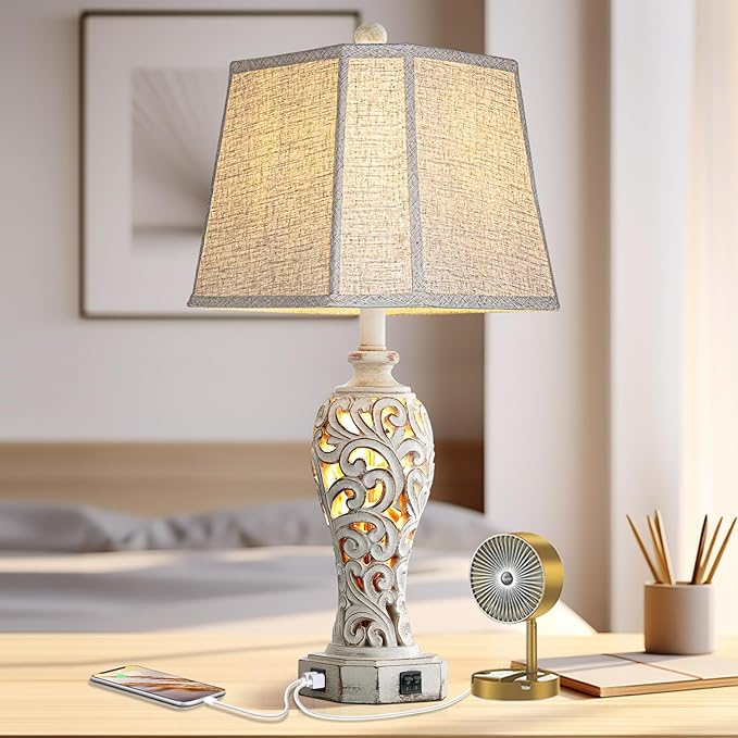25'' Farmhouse Table Lamp for Living Room Bedroom, 2 USB Ports Vintage Rustic Nightstand Desk Lamp with Nightlight, White Hollow Out Resin Lamp for End Table (Bulb Included) - Bloomnest