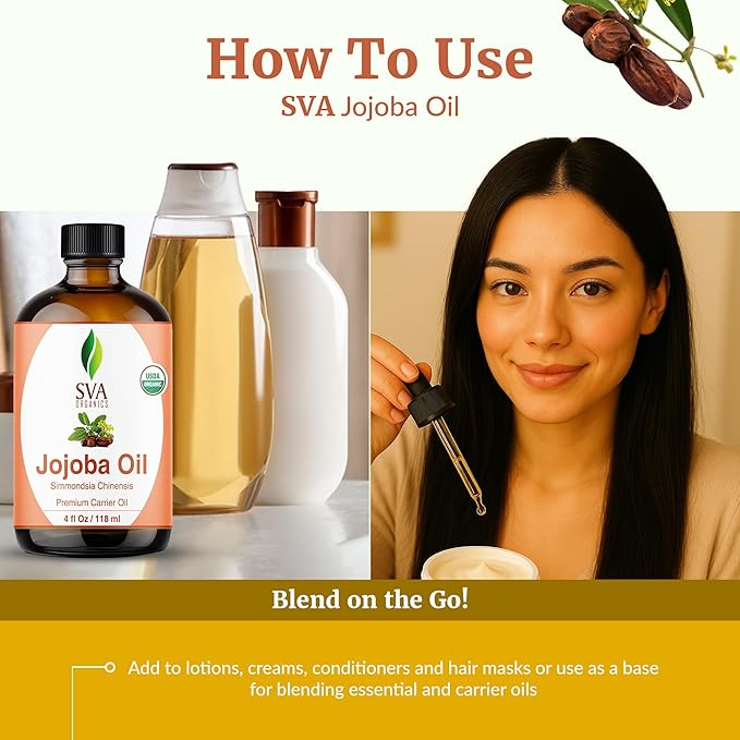 SVA Jojoba Seed Oil Organic - 4 Fl Oz – 100% Natural Cold Pressed Organic Jojoba Oil - for Face, Skin Care, Hair Care, Scalp Massage & Body Massage – Carrier Oil with Dropper - Bloomnest