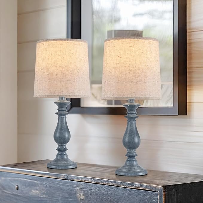 Lamps Set of 2 Vintage Rustic Farmhouse Table Lamps Bedside Reading Lamp Bedroom Nightstand Living Room Teapoy Lamp, Desk Light, 22 Inch High, Navy Blue, with Fabric Shade, Bulb Not Included - Bloomnest