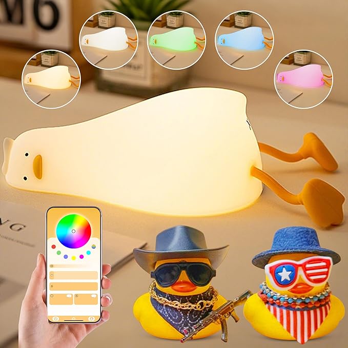Cute Duck Night Light with Color Changing, APP/Tap Control Fun Lying Flat Ducky Lamp with Blind Box Gift,Soft Silicone Nursery Nightlight,Dimmable/Timing Bedside Touch Lamp,Baby Adults Kids Room Decor - Bloomnest