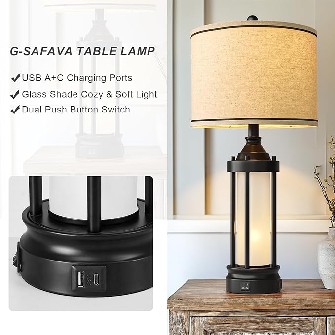 25'' Table Lamps for Bedroom Living Room Lamps Set of 2 Farmhouse Nightstand Bedside Lamps with USB Ports, Built-In Frosted Glass Night Light Industrial Metal Night Stand Lamp, Bulbs Included, Black - Bloomnest