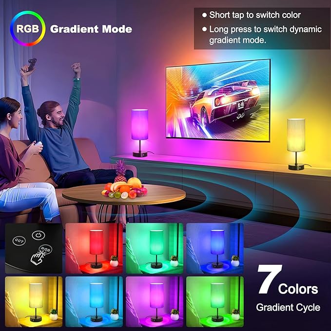 Unicozin Small Table Lamp, 7 RGB & 3 CCT 3000K/4500K/6500K, Stepless Dimmable Bedside Lamp with Grey Shade, Touch Control Ambience Nightstand Light for Living Room Dorm Home Decor Party - Bloomnest