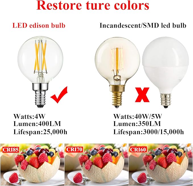 Arberlic G16.5 Light Bulb,4W E12 LED Bulb dimmable Equivalent E12 Candelabra Bulb 40 Watt,Warm White 2700K,400lm,CRI85+,AC120V,Edison Style,Clear Glass,ETL Listed,Pack of 6 - Bloomnest