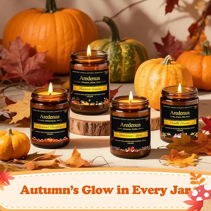 Fall Candles Set | 4 Pack Autumn Scented Candles - Fall Candle Gifts for Women Men, Soy Candles for Home Scented - Autumn Scent of - Pumpkin/Cinnamon Apple/Harvest/Vanilla Cream - Bloomnest