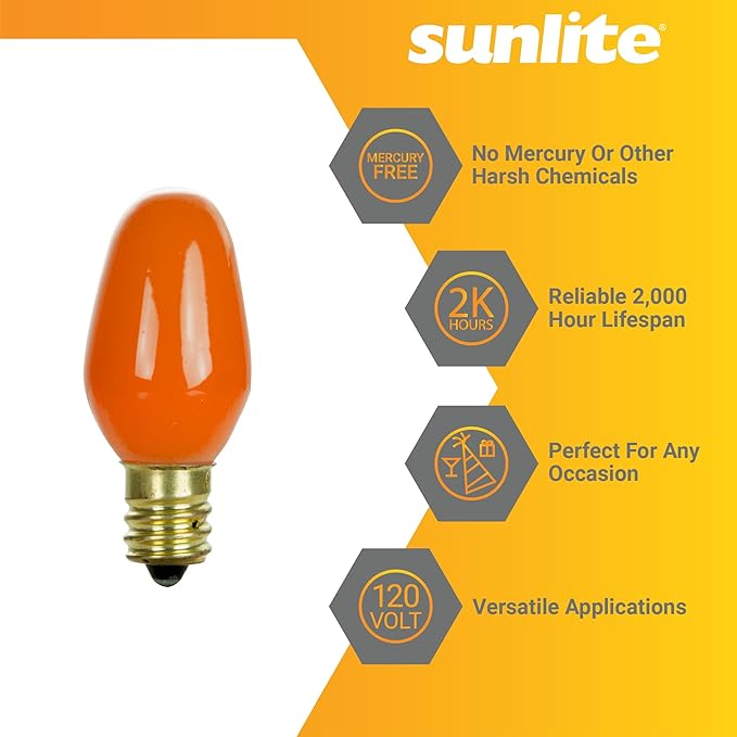 Sunlite 01057 7C7 Incandescent Bulb, 7 Watt, Candelabra E12 Base, C7 Small Night Light, Colored Bulb, Orange, 12 Count - Bloomnest