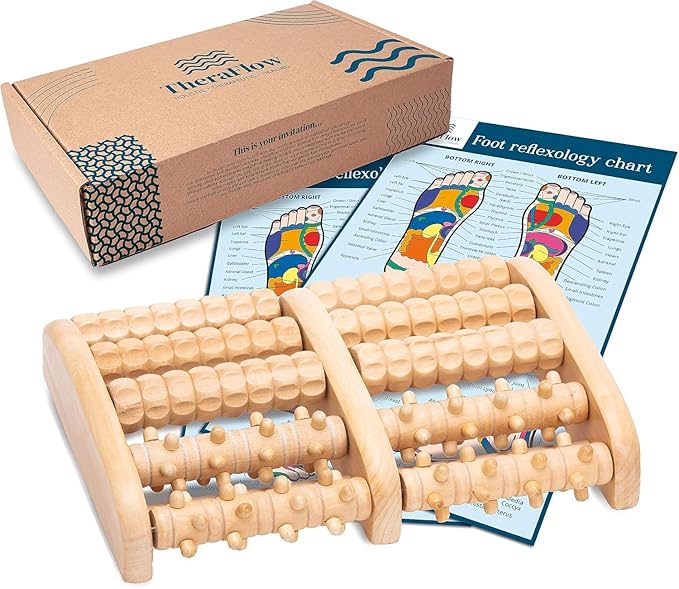 TheraFlow XL Foot Massager for Neuropathy & Plantar Fasciitis Relief - Mom Gifts for Women & Gifts for Dad, Wooden Foot Roller Massager, Neuropathy Pain Relief for Feet (Includes Reflexology Chart) - Bloomnest