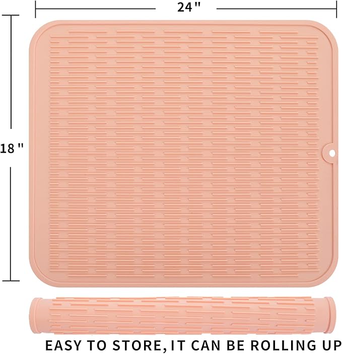Silicone Dish Drying Mat for Multiple Usage,Easy clean,Eco-friendly,Heat-resistant Silicone Mat for Kitchen Counter or Sink,Refrigerator or Drawer Liner Pink 2XL 24 inches x 18 inches - Bloomnest