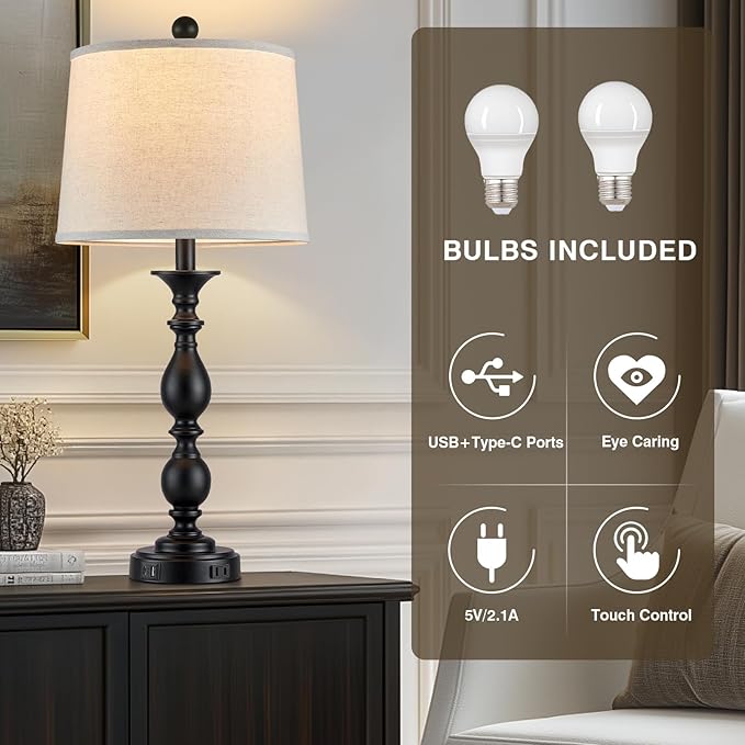 28" Tall Modern Table Lamps Set of 2 with USB C+A Ports and AC Outlet, 3 Way Touch Metal Bedside Lamps for Living Room, Black Farmhouse Nightstand Lamps for Bedroom - Bloomnest