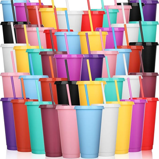Honeydak 100 Pack Tumbler with Straw and Lid Bulk Water Bottle Iced Coffee Travel Mug Cup Reusable Plastic Cups for Party Birthdays 24-27 oz (Classic Color) - Bloomnest