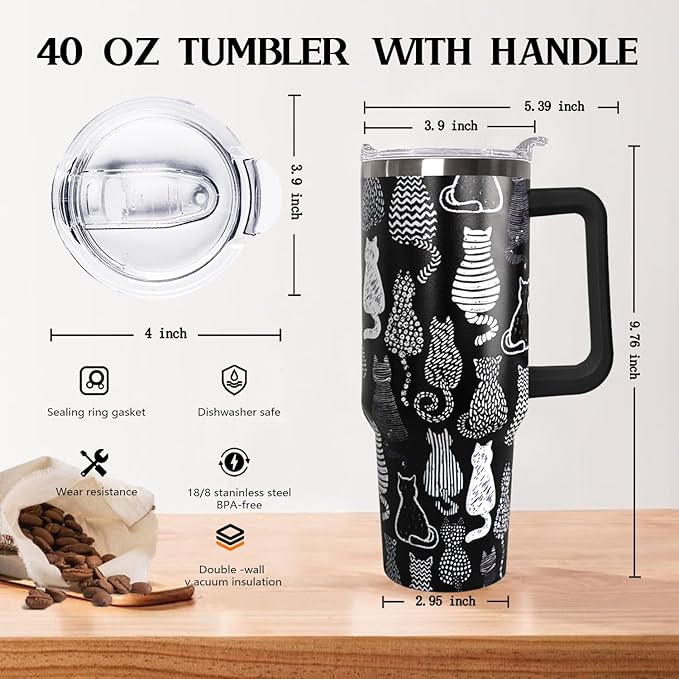 40 Oz Black Cat Coffee Travel Mug Cup Water BottleTumbler With Handle,Cat Decor,Black Cat Gifts for Women - Bloomnest