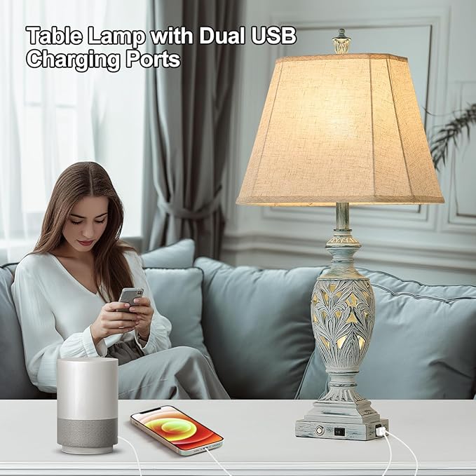 29.5"H Touch Control Traditional Table Lamp Set of 2,Vintage Bedside Lamp Nightstand Lamps with Dual USB Ports,3-Way Dimmable Hollow Out Leafwork Blue Washed Finish Desk Lamps for Living Room,Bedroom
