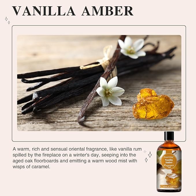 PHATOIL 3.38FL.OZ Vanilla Amber Fragrance Oils for Aromatherapy, Essential Oils for Diffusers for Home, Perfect for Diffuser, Yoga, Skin Care, DIY Candle and Soap Making - 100ml - Bloomnest