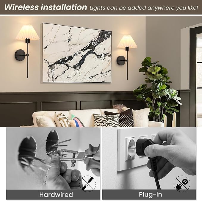 Rechargeable Battery Operated Wall Sconces Sets of 2, 15 Colors Wireless Wall Sconce, Black Wall Lights Fixture with Dimmable Bulbs and Remote, Not Hardwired Wall Mounted Lamps for Bedroom Living Room - Bloomnest