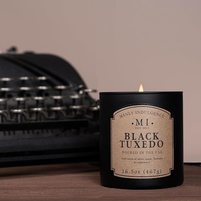 Manly Indulgence Black Tuxedo Jar Candle 16.5 oz - White Musk, Lavender, Cedarwood, Jasmine & Earthy Orris - Up to 60 Hour Burn - Soy Blend Wax, USA Poured - Bloomnest