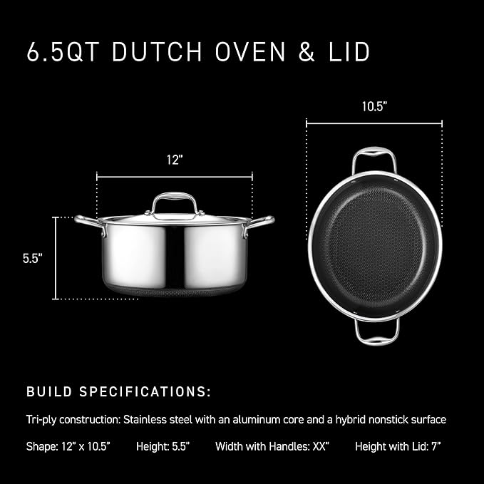 HexClad Hybrid Nonstick 6.5-Quart Oval Dutch Oven with Stainless Steel Lid, Stay-Cool Handles, Dishwasher-Friendly, Oven-Safe Up to 900°F, Induction Ready, Compatible with All Cooktops - Bloomnest