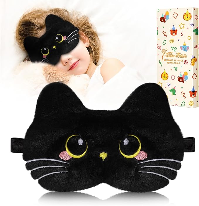 Sleep Mask for Kids - Cute Cartoon Plush Fuffy Sleeping Eye Cover Black Cat Kawaii Soft Eyeshade with Adjustable Strap Animal Eye Blindfold for Kids Girls Boys Teens - Bloomnest
