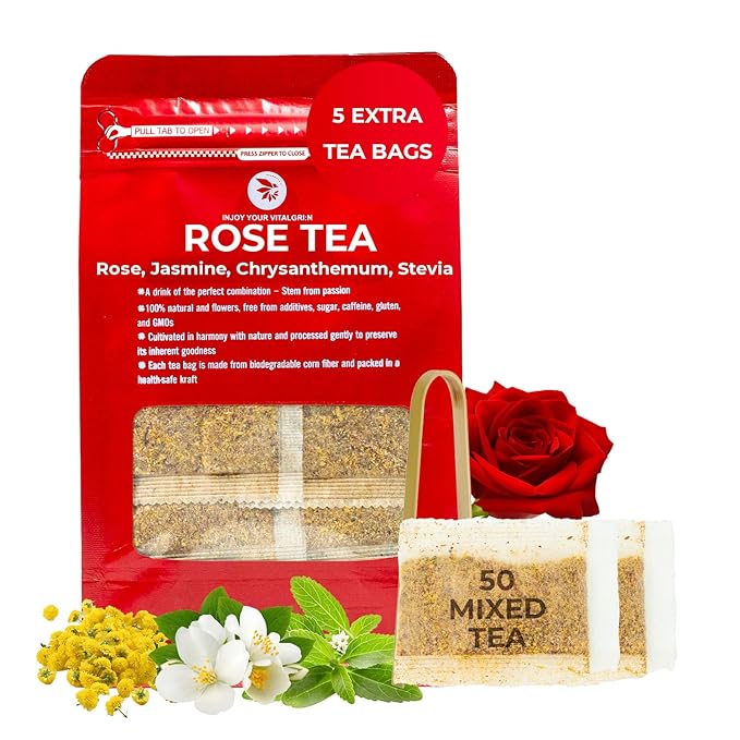 Rose Tea, Re-Steep Chrysanthemum, Jasmine & Stevia Herbal Tea - 55 Count (+5 Tea Bags) Bamboo Tong Included - 4.37 oz, Relax,Support, Up Mood, Appearance Detox - Bloomnest