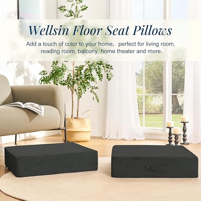 Wellsin Solid Square Floor Pillows for Adults Kids - Large Meditation Floor Pillow Seating Cushion with Thick Foam & Washable Velvet Cover, 1 Pack, 22x22x5 Inch, Gray