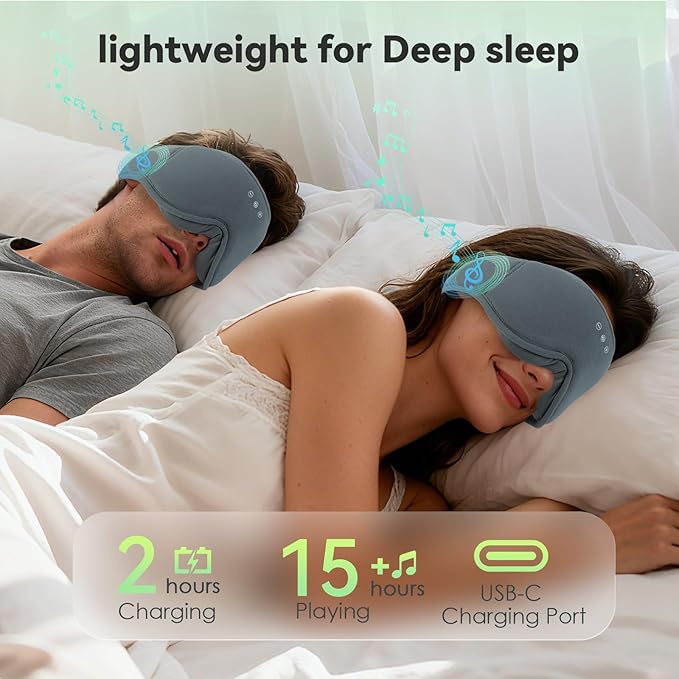 3D Bamboo Cotton Sleep Mask with Bluetooth 5.4 Headphone, Music Wireless Bluetooth Blackout Eye Mask for Side Sleepers, Earphones HD Speaker Microphone for Travel, Gifts for Women Men, Grey - Bloomnest