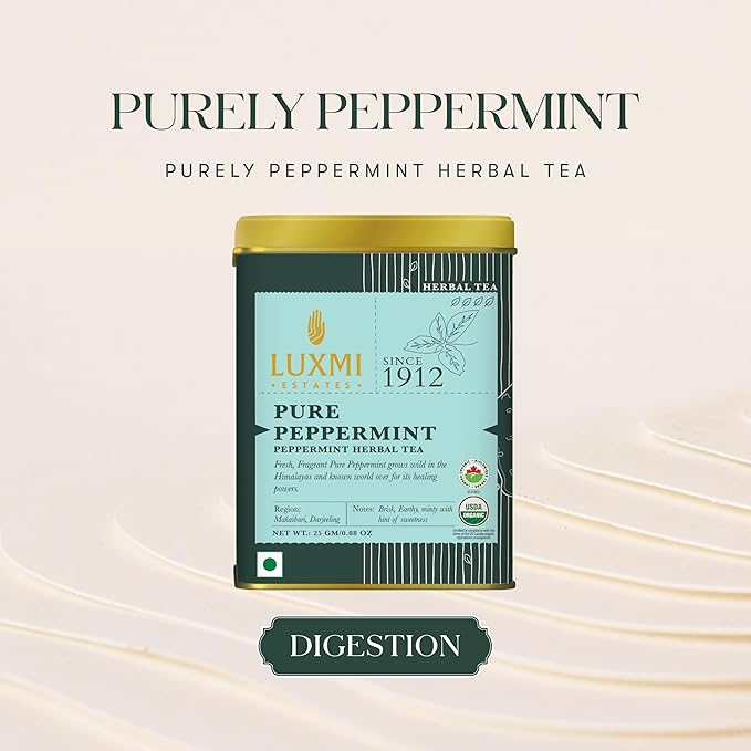 Luxmi Estates Purely Peppermint 25gm Tin | USDA Certified Organic Herbal Tea | Mint Tea Best for Night Time - Bloomnest
