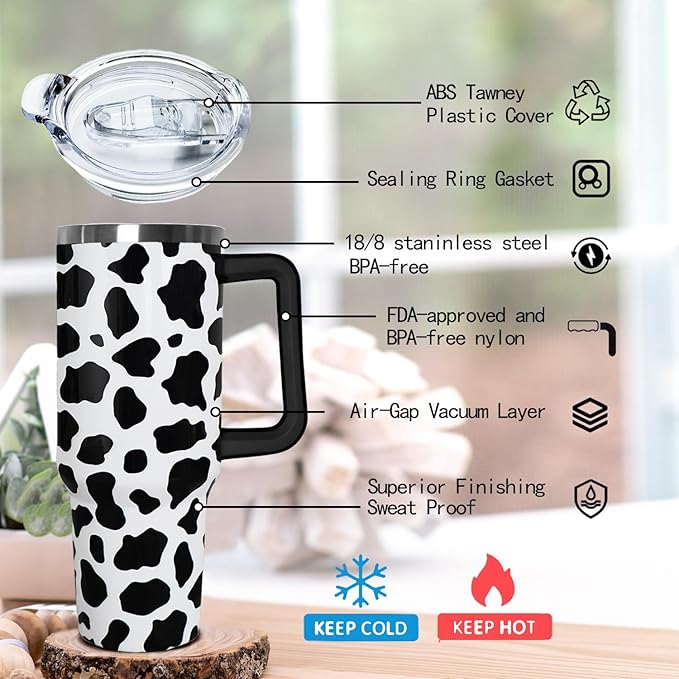 Ceovfoi 40 Oz Cow Tumbler With Handle,Cow Print Coffee Travel Mug Cup Water Bottle,Cow Print Decor,Cow Gifts for Women - Bloomnest