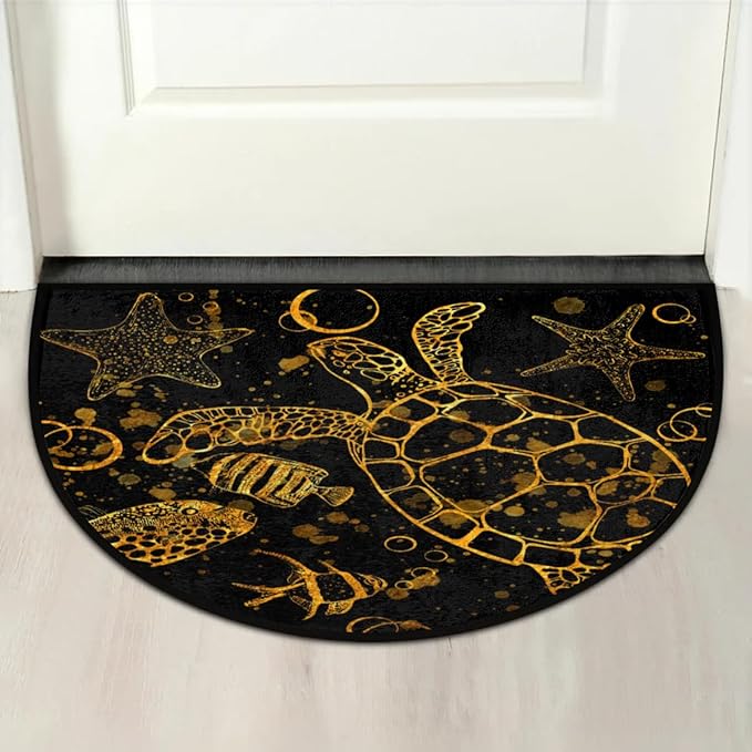 Half Round Door Mat, Gold Sea Turtle Print Non-Slip Half Circle Rug Washable Home Decor Cute Door Mat for Indoor Outdoor Living Room Bedroom Kitchen Patio(36"x24") - Bloomnest