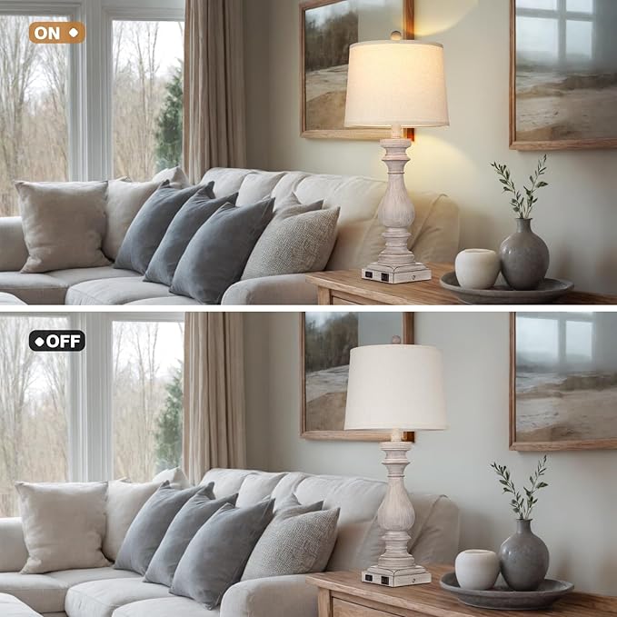 27.5" Farmhouse Table Lamp for Living Room,Vintage Bedside Lamp with USB C+A Ports & AC Outlet,3-Way Dimmable Touch Control Gray Washed Finish Nightstand for Bedroom, Single Gray - Bloomnest