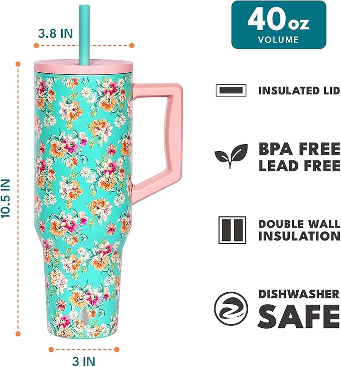 Elemental 40 oz Tumbler with Handle and Straw - Spill Proof Insulated Stainless Steel Commuter for Hot and Cold Beverages - Travel Coffee Mug with 2 Straws & Spill Proof Lid - 40oz - Vintage Flower - Bloomnest