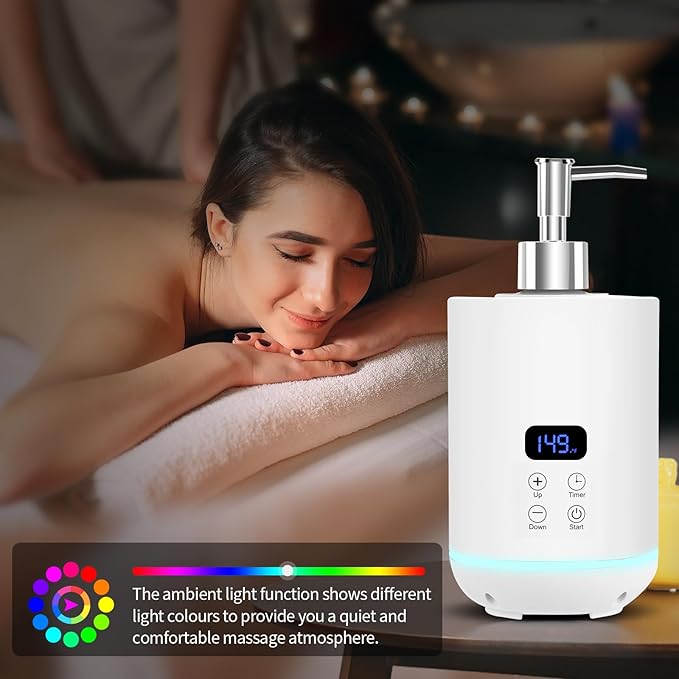 Yofuly Massage Oil Warmer Heater, Ambient Light Body Lotion Heated Machine with Two Dispenser Bottles, Professional Massage Therapy Kit with Gua Sha and Facial Roller, White - Bloomnest