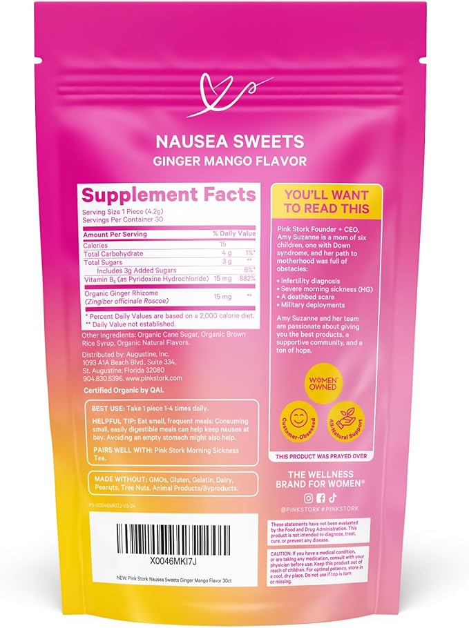 Pink Stork Organic Mango Sweets with Vitamin B6 for Morning Sickness and Motion Sickness, Added Ginger & Vitamin B6, 1st Trimester Pregnancy Must Haves - 30 Wrapped Candies - Bloomnest