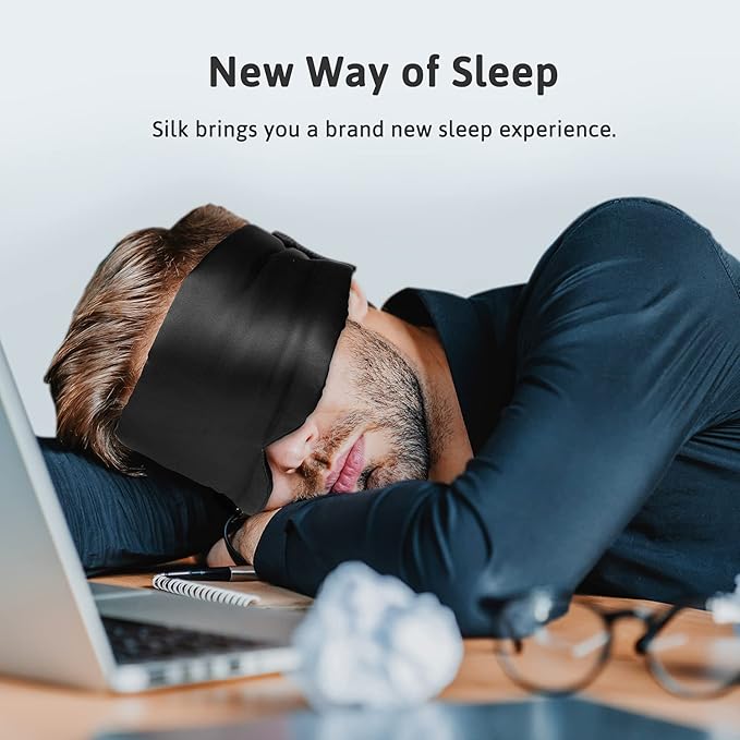 Silk Sleep Mask for Women Men, Mulberry Silk Eye Sleeping Mask & Blindfold with Adjustable Strap, Blackout Eye Cover for Sleep Travel Yoga Nap, Large Size, Black - Bloomnest